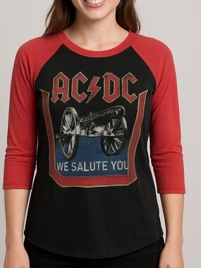 AC/DC band t-shirt round neck 3/4 sleeves ‘We Salute You’ red black size large